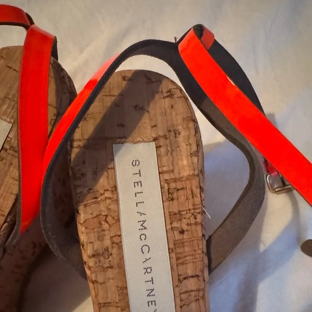 Stella McCartney- Neon Faux Patent Leather Orange Ankle Strap Cork Wedge Herls - Picture 5 of 5